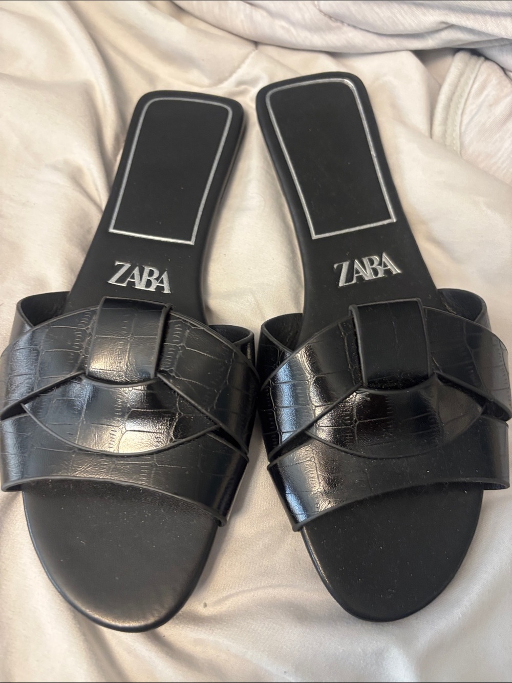 Zara Black Croc-Effect Woven Slide Sandals